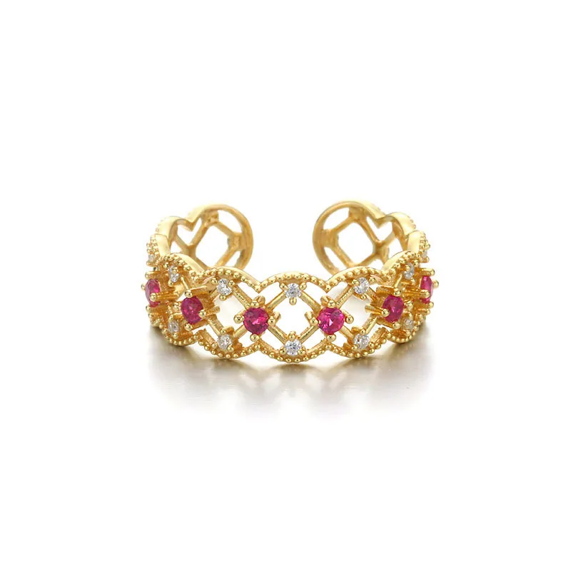 

High Qality Vintage Court Style Lace Cutout Ring For Women Luxury Geometric Red Zircon Copper Open Women's Ring Wedding Jewelry