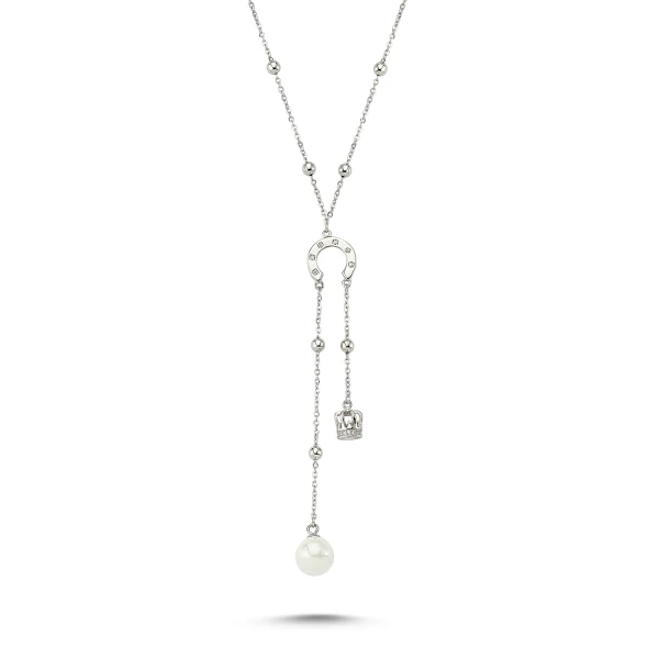 

Silver 925 Sterling Pearl & Zircon Crystal Crown Necklace (70 cm)