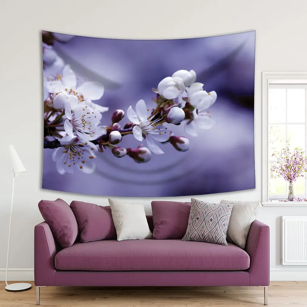 

Tapestry Blossom in Spring Blooming Fruit Tree White Flowers on Purple Lilac Background April Nature Photo Printed