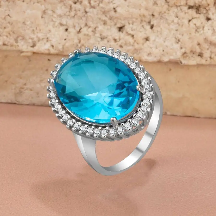 

925 Sterling Silver Zircon Stone Engraved Ladies Ring Oval Model With Aqua Blu Fashion Turkish Premium Quality Handmade Jawelery