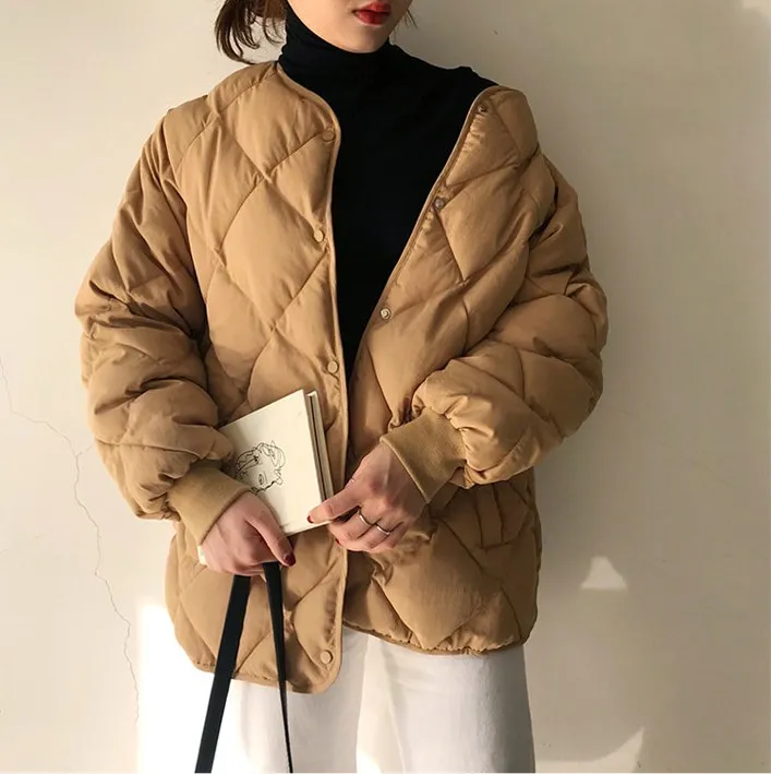 

Obrix Female Short Autumn Spring Duvet Casual Style Covered Buttons Loose Fit Solid Color Jacket For Women