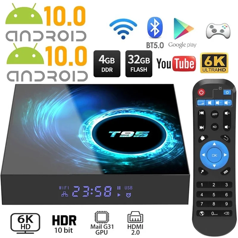 

2021 latest T95 smart TV box Android 10 6k 2.4g and 5g Wifi Bluetooth 128g 6k 16g 32gb 64gb 4k quad core set-top box media playe