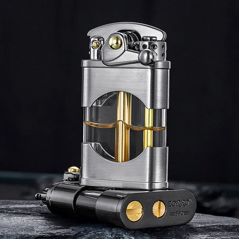 

ZORRO Original Windproof Metal Kerosene Lighter Transparent Oil Tank Creative Retro Flint Petroleum Lighters Smoking Accessories