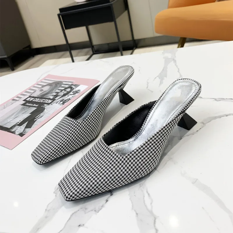 

Square Toe Women High Heel Silppers 2022 New Commuter Office Women Sheepskin Design Shoes Casual Outdoor Fashion Summer Silppers