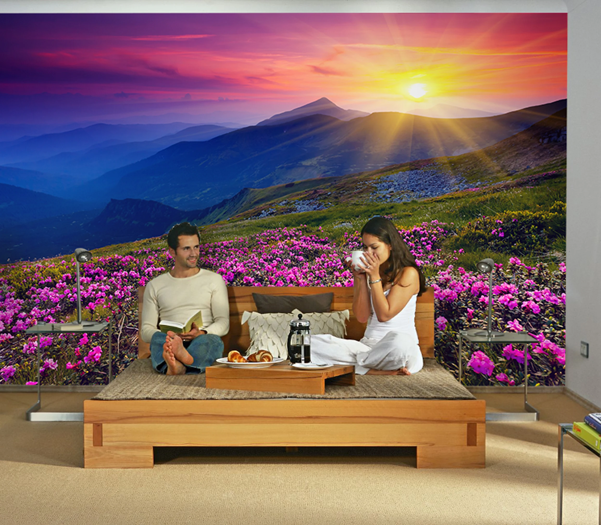 

Pink Rhododendron Flowers, Mountain Image, 3D Digital Print Wallpaper Home Decoration Wall Covering