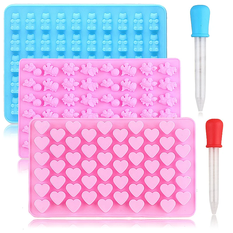 50 Cavity Gummy Bear Silicone Mold Dinosaur Heart Shaped Candy Chocolate Ice Cube Tray Molds Cake Decorating Tools With Droppers