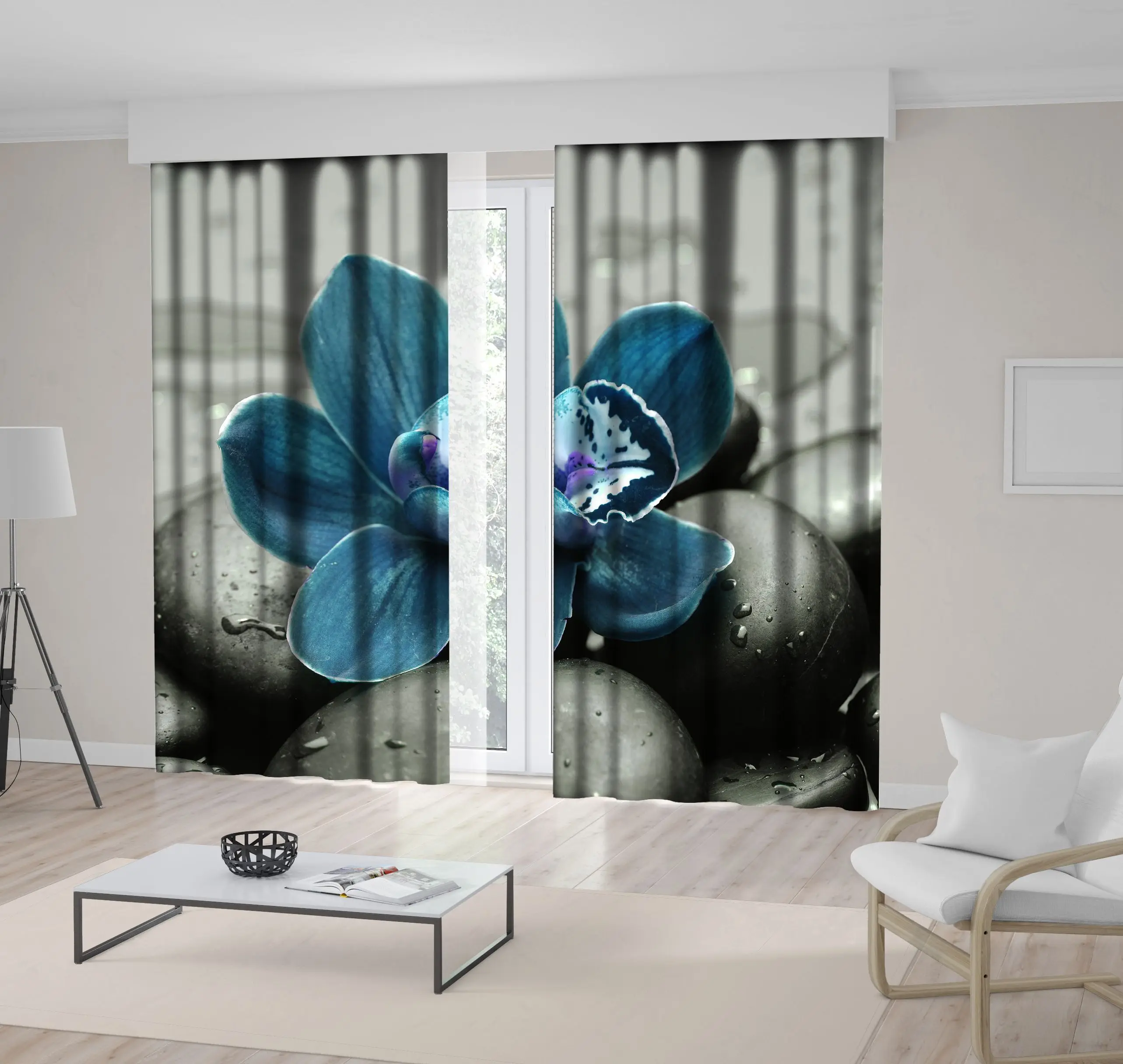 

Curtain Orchid on Spa Stones Waterdrops Exotic Relaxing Theme Nature Photo Blue Gray Black