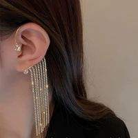 2022 long chain tassel drop ear cuff hanging clip on earrings largo for women big bling rhinestone silver luxury wedding jewelry