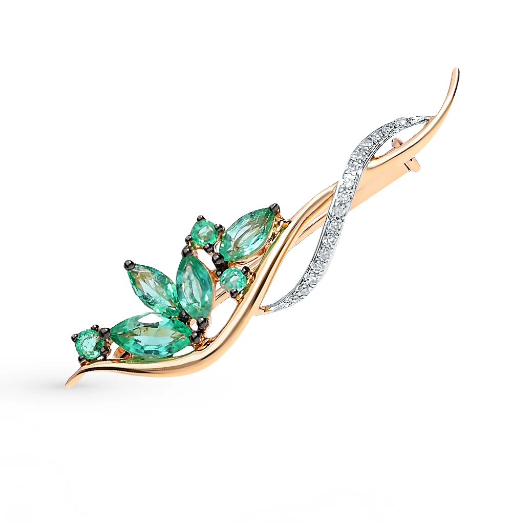 Золотая брошь с изумрудами и бриллиантами SUNLIGHT проба 585 | Украшения аксессуары