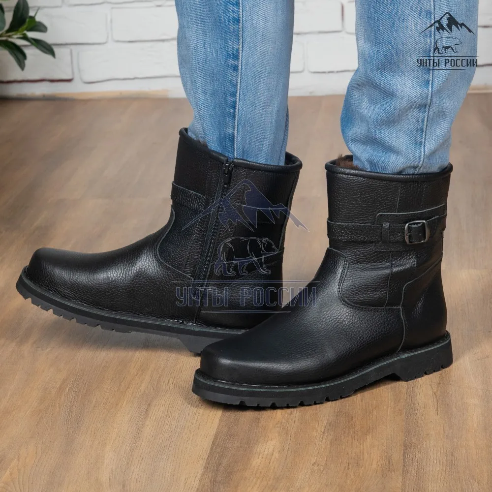 Сапоги зимние мужские натуральные черные замшевые на липучке резиновая подошва