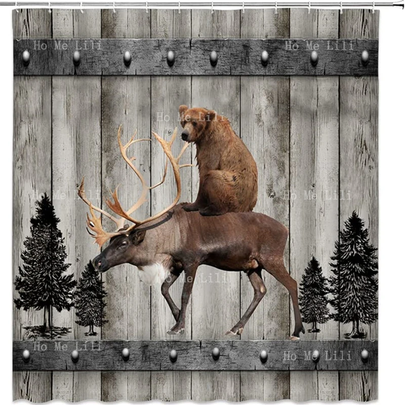 

Rustic Bear Shower Curtain Funny Deer Moose Vintage Wooden Board Forest Farmhouse Lodge Cabin Wild Animal Camping Hunting