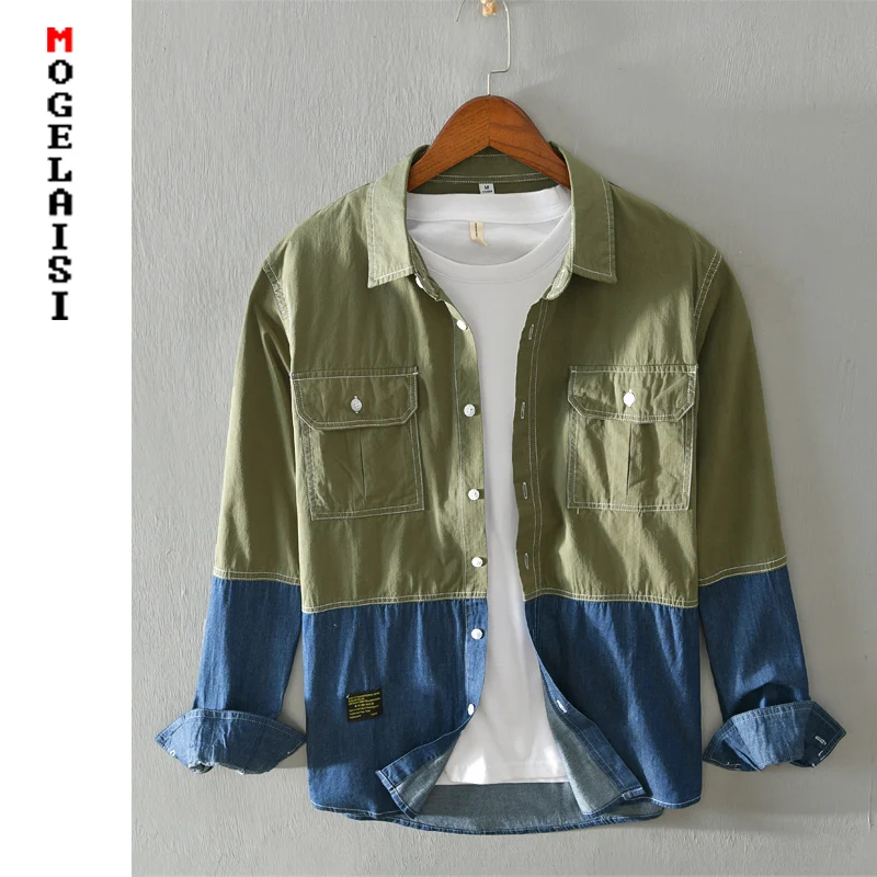 Рубашка мужская осенняя 100% хлопок с несколькими карманами длинными рукавами