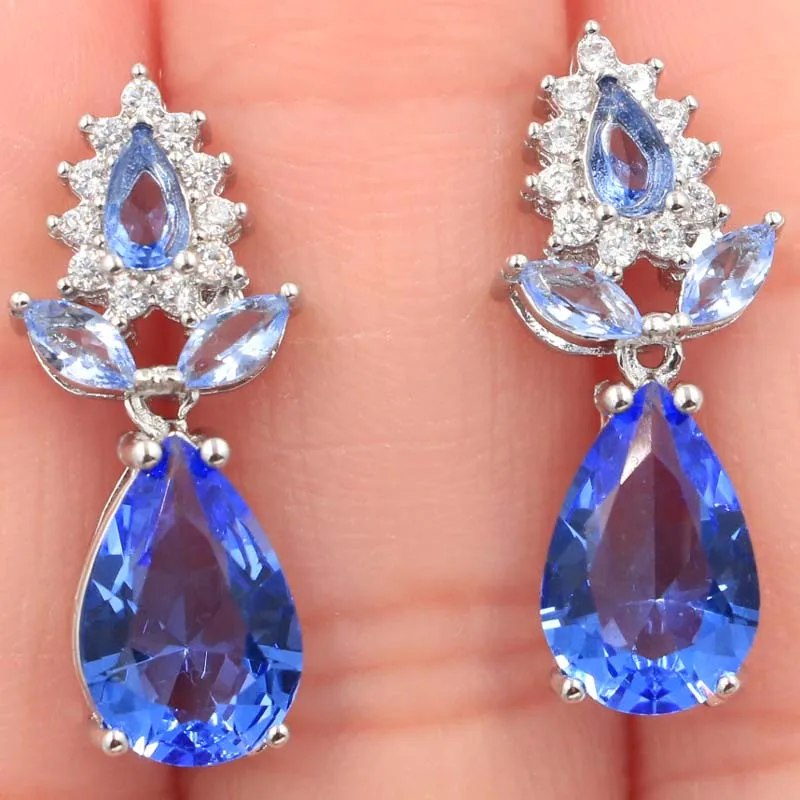 

18x8mm Elegant Drop Shape Created Rich Blue Violet Tanzanite White CZ Gift For Ladies Silver Earrings