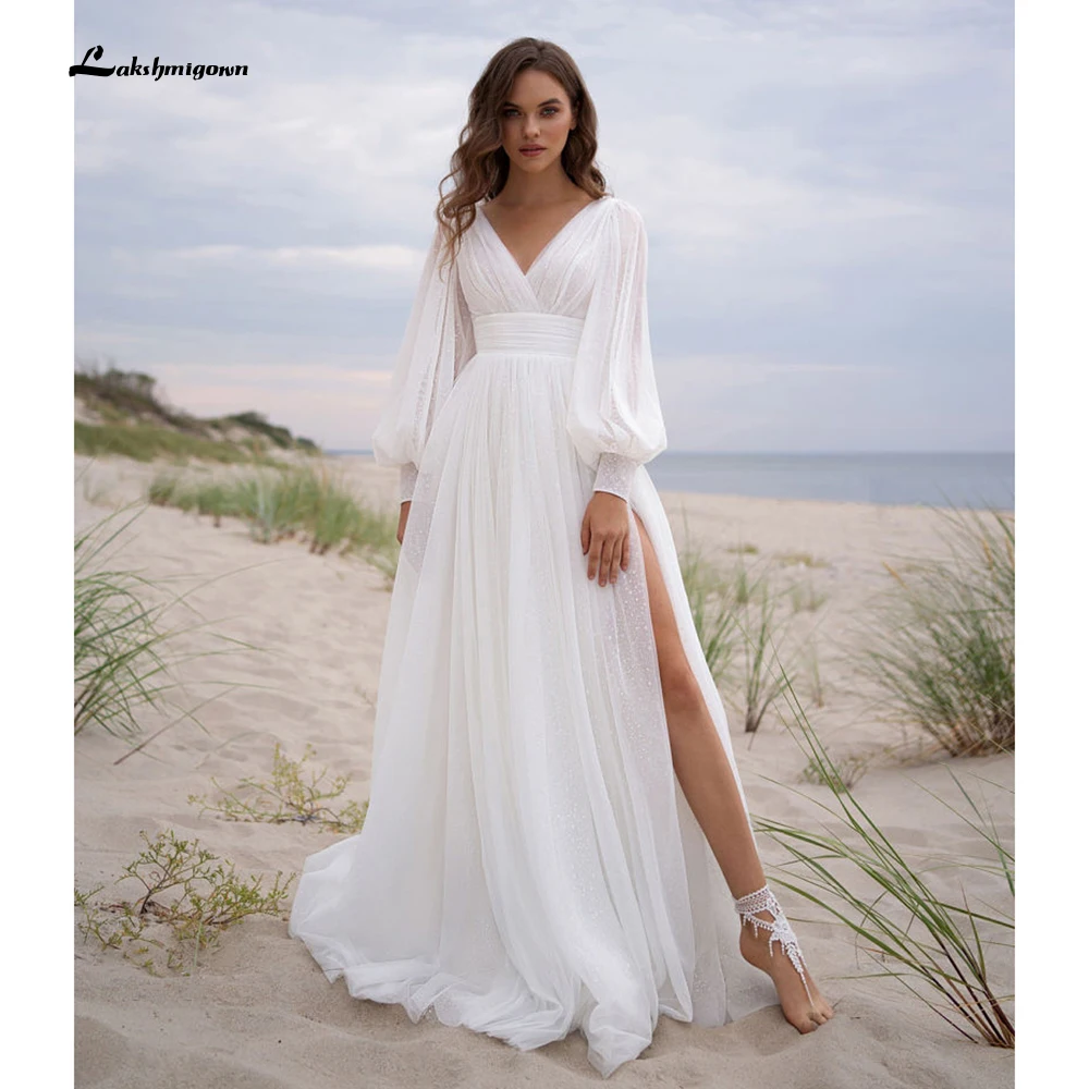 

Long Sleeves Glitter Wedding Dress Sexy V Neck Boho Shiny Sweep Train Bridal Gown Robe De Mariee For Women Bride Gown