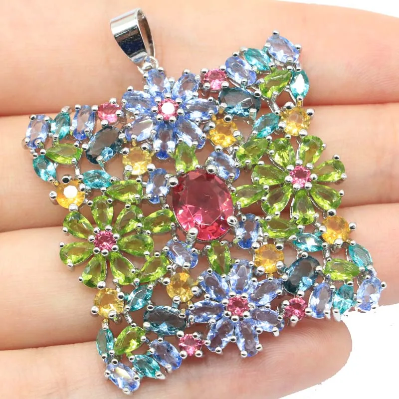 

54x41mm Multi Color Big Size 17g Created Tourmaline Citrine Peridot Aquamarine Tanzanite Women Dating Silver Pendant
