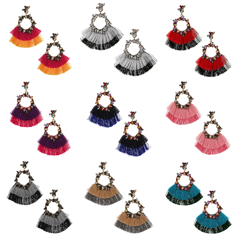 ZHINI Bohemia 9 Colors Tassel Earrings for Women Simple Geometric Circular Hollow Pendant Wedding Jewelry brincos 2020 | Украшения и