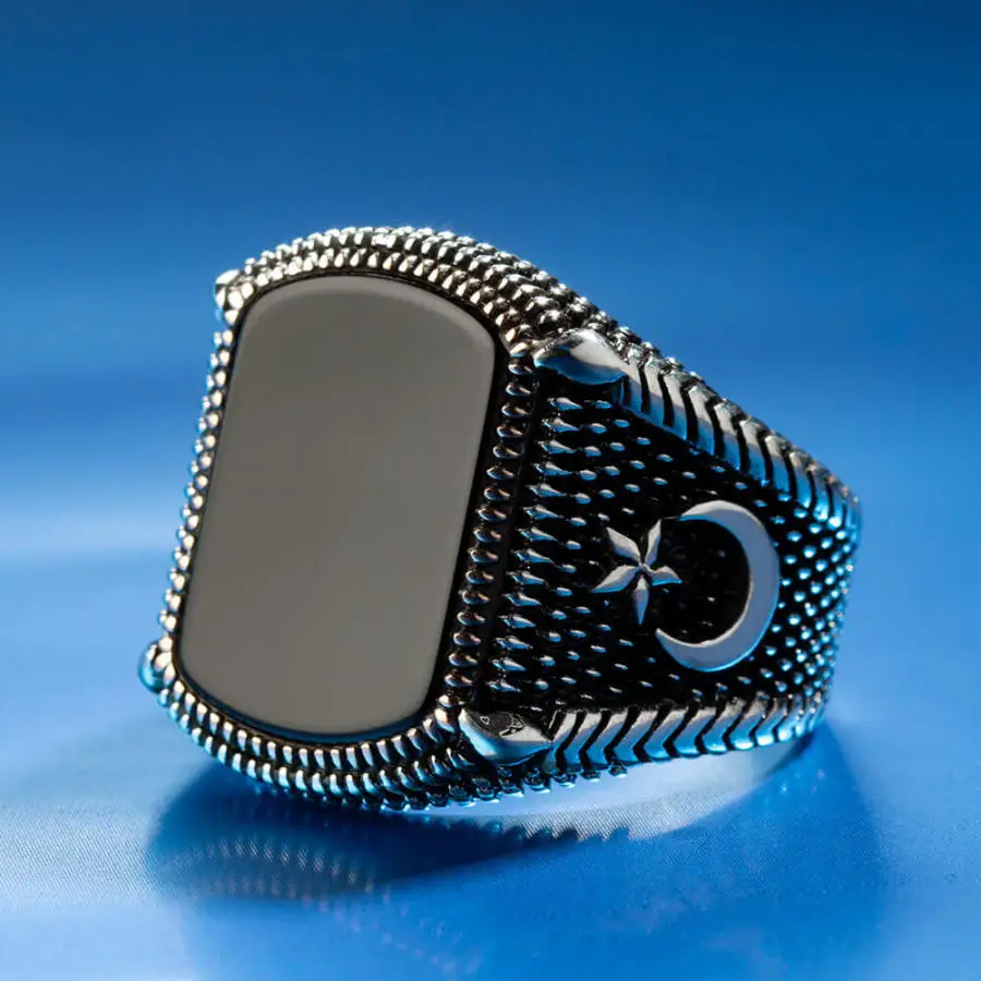 

Crescent and Star Ornamented 925 Sterling Silver Mens Ring with Onyx Stone Fashion Turkish Premium Quality Handmade Jawelery
