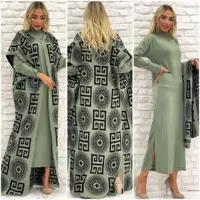 2 Piece Women's Set Abstract Pattern Knitwear Maxi Turtleneck Sleeve Detailed Dress and Turn down Collar Cardigan Suit Turkey