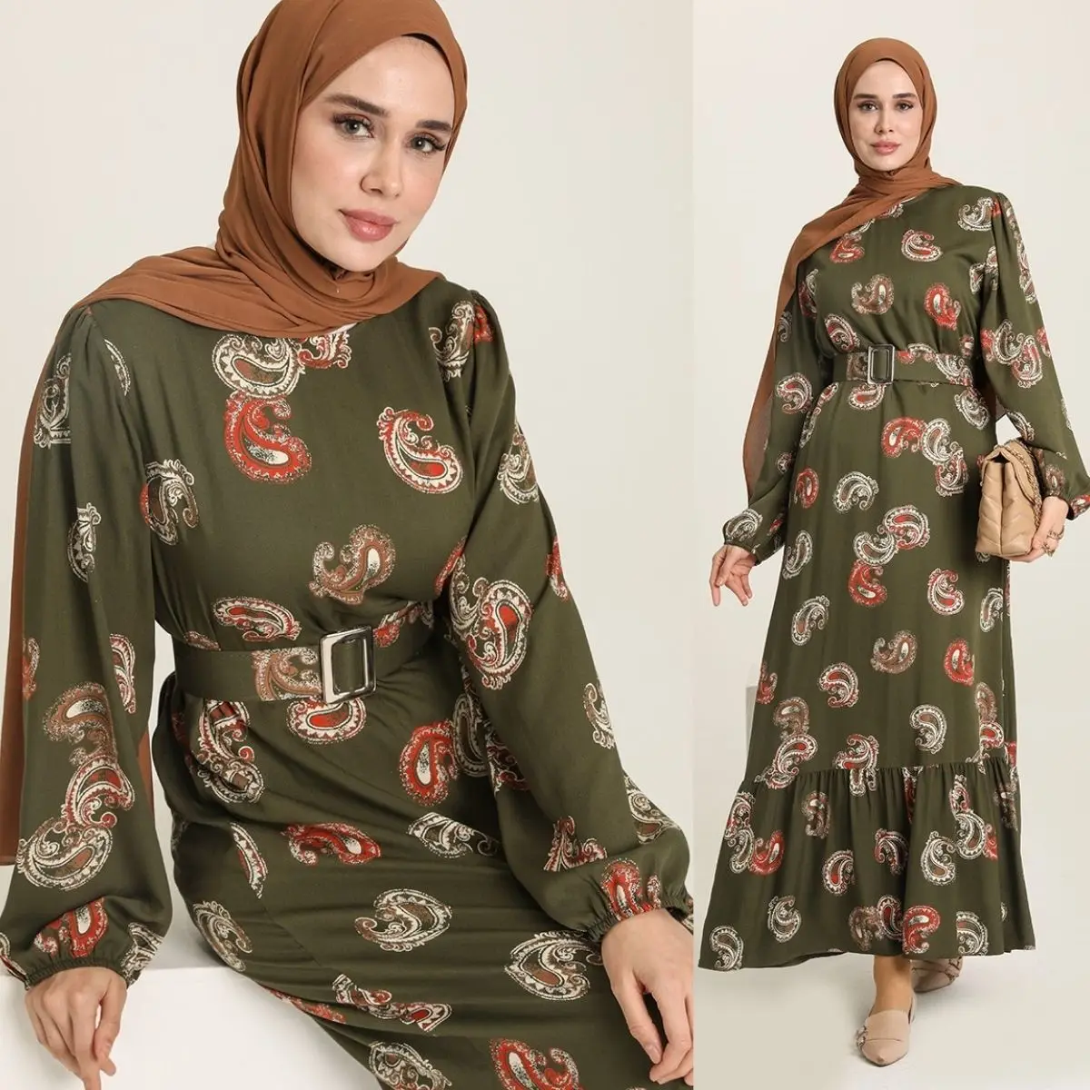 Muslim Woman امرأة  Mujer женщина  Fashion Casual Patterned Belted Viscose Dress Long Sleeve Spring Ramadan Dubai