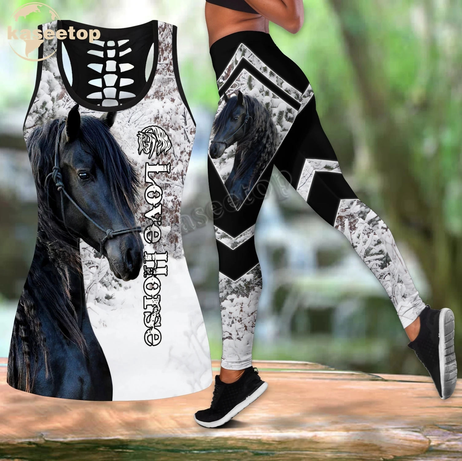 

Fashion Friesian Horse 3D Print Women Two Piece Yoga Set Vest Hollow Combo Tank Top Legging Waist Sport Fitness Quick Dry LK259