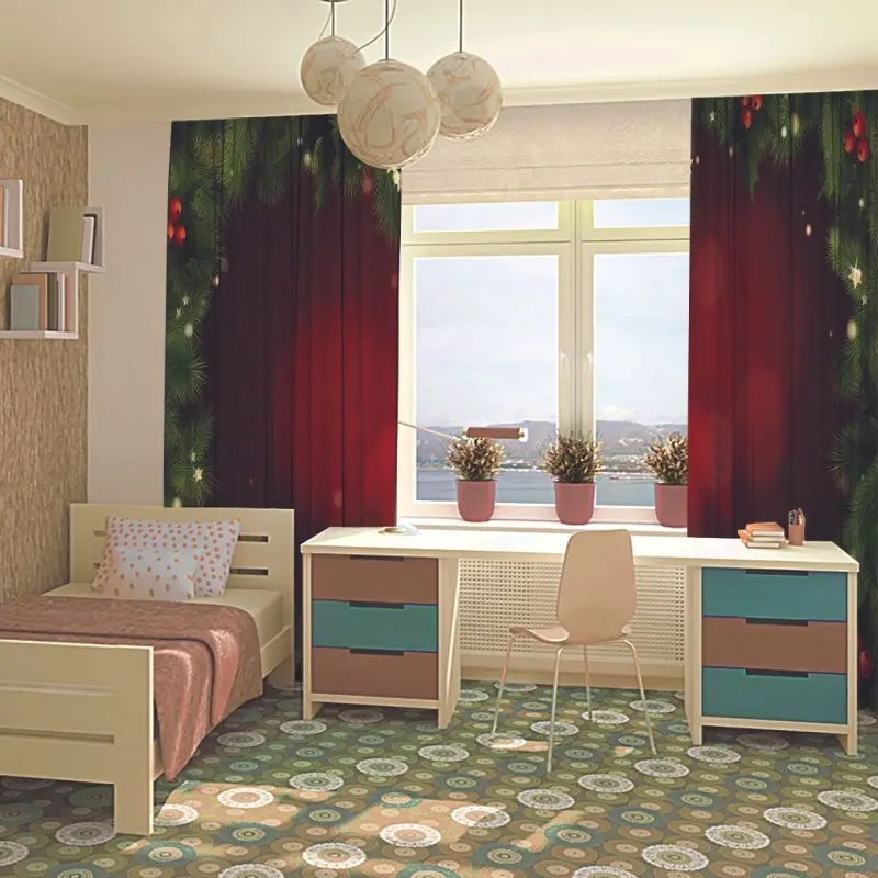 Занавеска Рождественское украшение зеленый и красный венок сосновые елочные