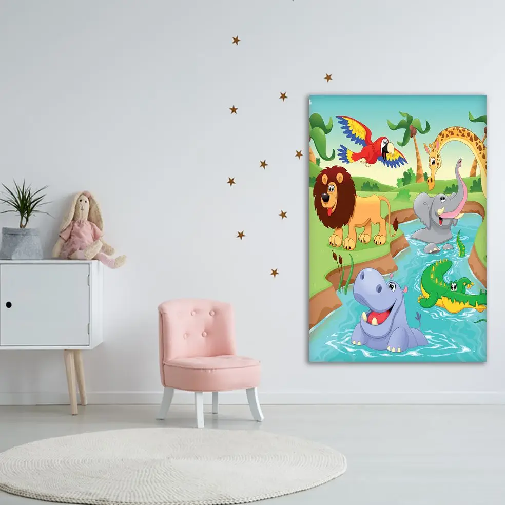 Гобелен Мультфильм Счастливые Животные по реке африканская дикая природа слон