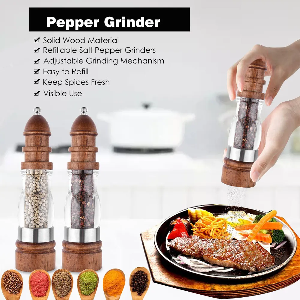 

Natural Oak Wood Acrylic Salt and Pepper Grinder Manual Kitchen Seasoning Spices Mills Cooking Seasoning Storage Bottle