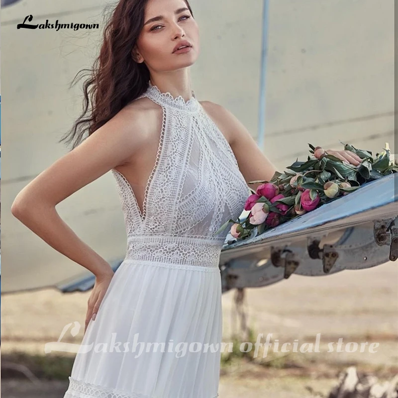 

Charming Boho Wedding Dress Sleevelss Lace Simple Beach Floor Length Chiffon Cheap Bohemian Robe De Mariee
