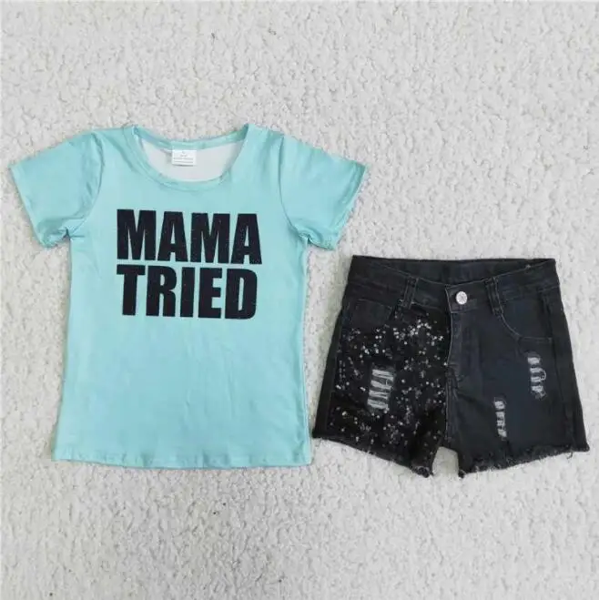 

2Pcs Infant Kids Baby Girls Outfit MAMA TRIED letter print blue short sleeve top black Ripped Denim Shorts Set