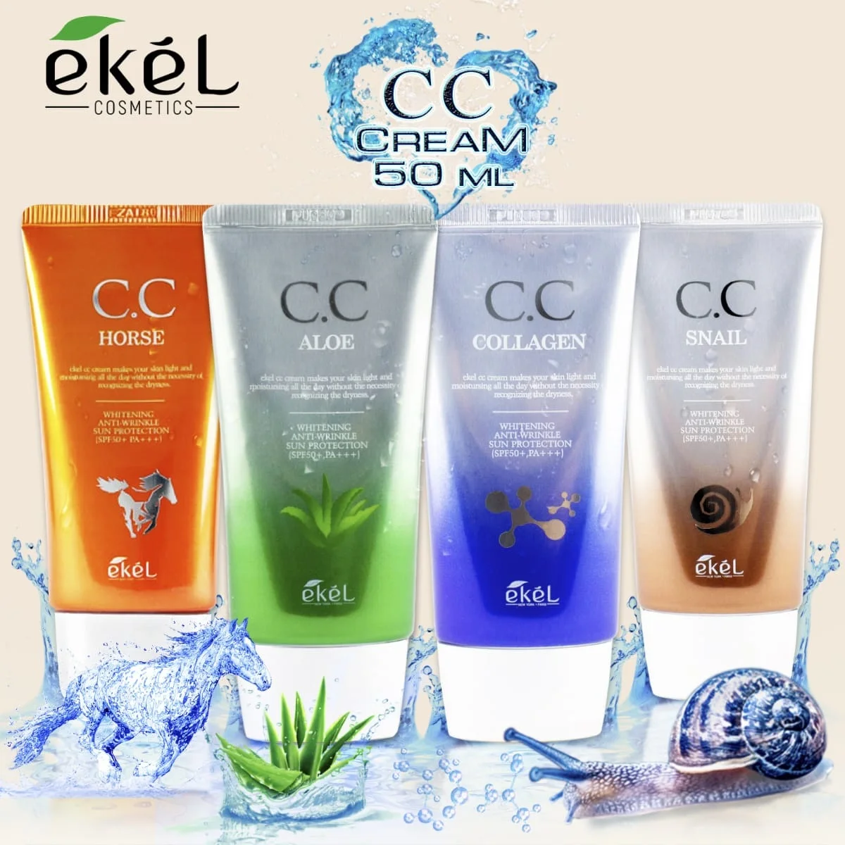 CC крем EKEL алоэ коллаген лошадиный жир улиточный муцин SPF50+ 50 мл |