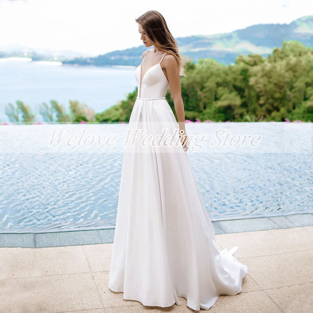 

White Satin Chiffon Wedding Dress For Woman Sleeveless Floor Length Spaghetti Straps Bridal Gown Beach V Neck Robe De Soriee