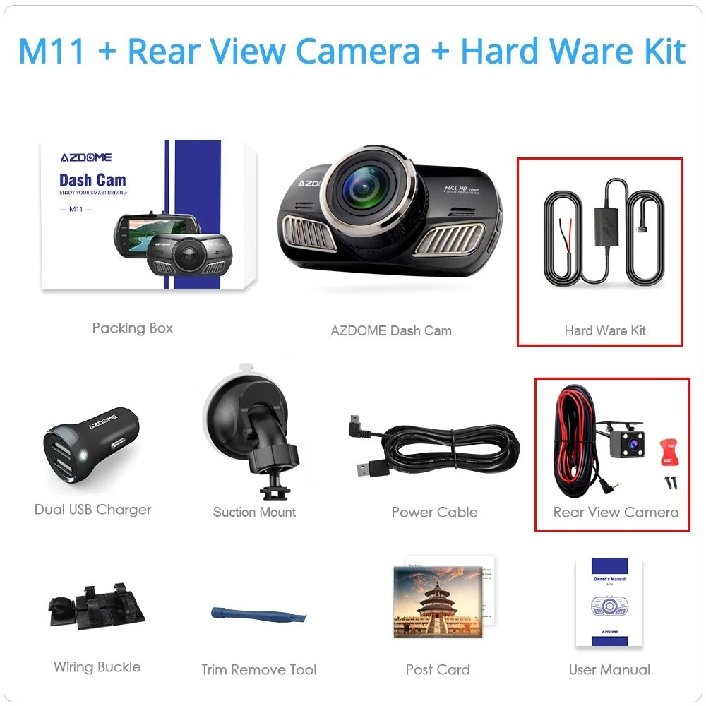 M11-RVC-HWK AZDOME M11 3 дюймов 2.5D ips Экран Dash Cam Видеорегистраторы для автомобилей Регистраторы HD 1080P Двойной объектив автомобиля видео камера приборной панели Ночное видение тире Камера gps - Название цвета: M11-RVC-HWK