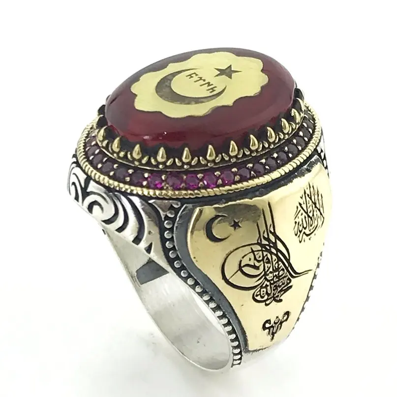 Янтарный и рубиновый кмень пуфик Tuğra такелаж Пользовательские Серебряный Для