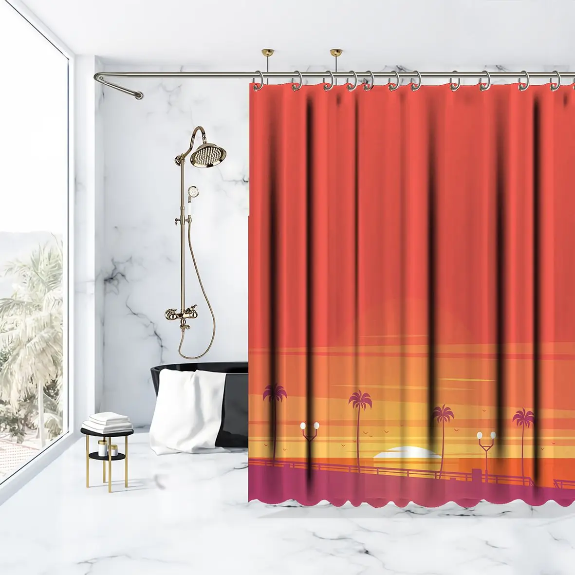 Занавески для душа пляжные с пальмами на закате пейзажи океан горизонт
