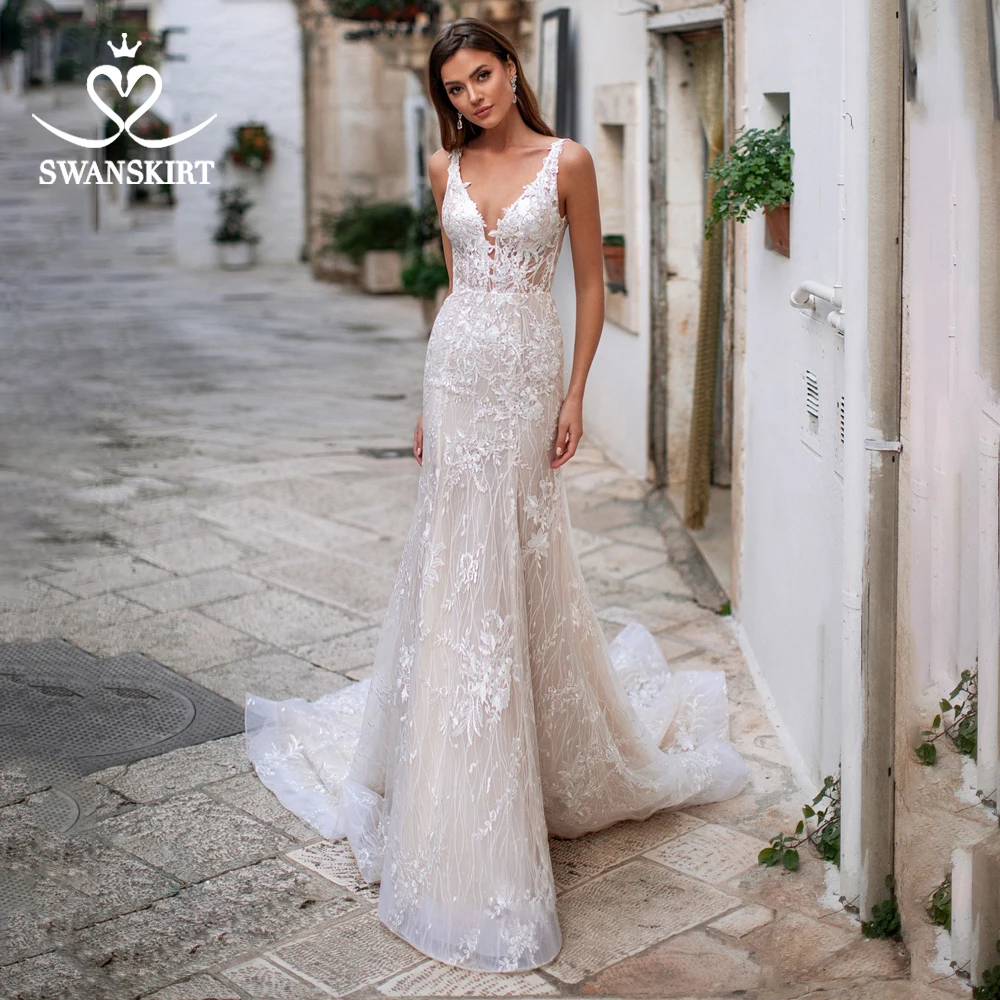 Аппликации Русалка свадебное платье SwanSarah K312 V образным вырезом из бисера Кружева