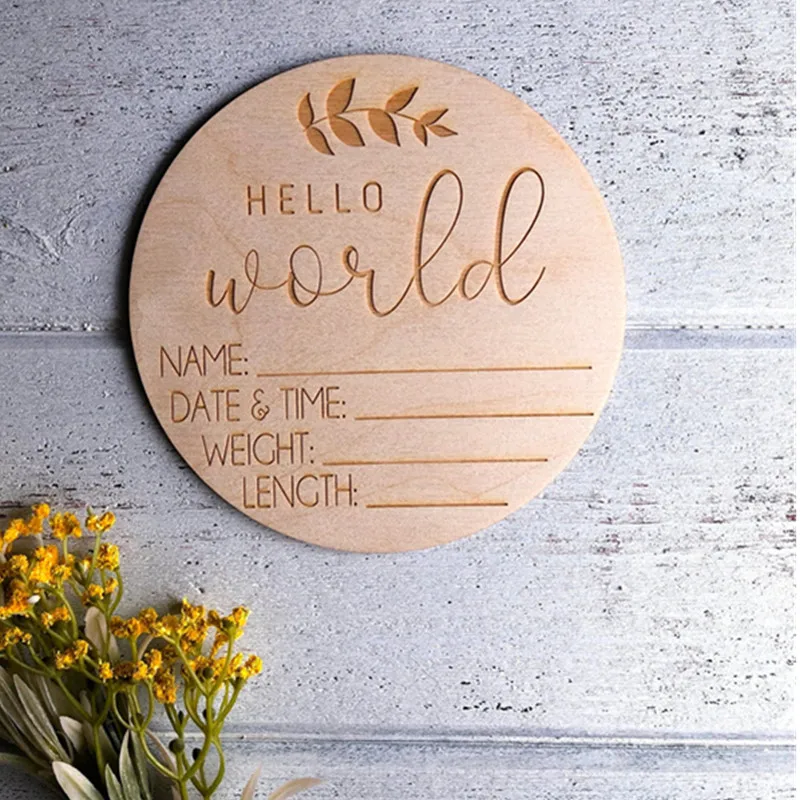 

Hello World Birth Announcement sign, Engraved leaf wood baby name plaque, Birth Stats Sign, baby keepsake, Newborn photo props