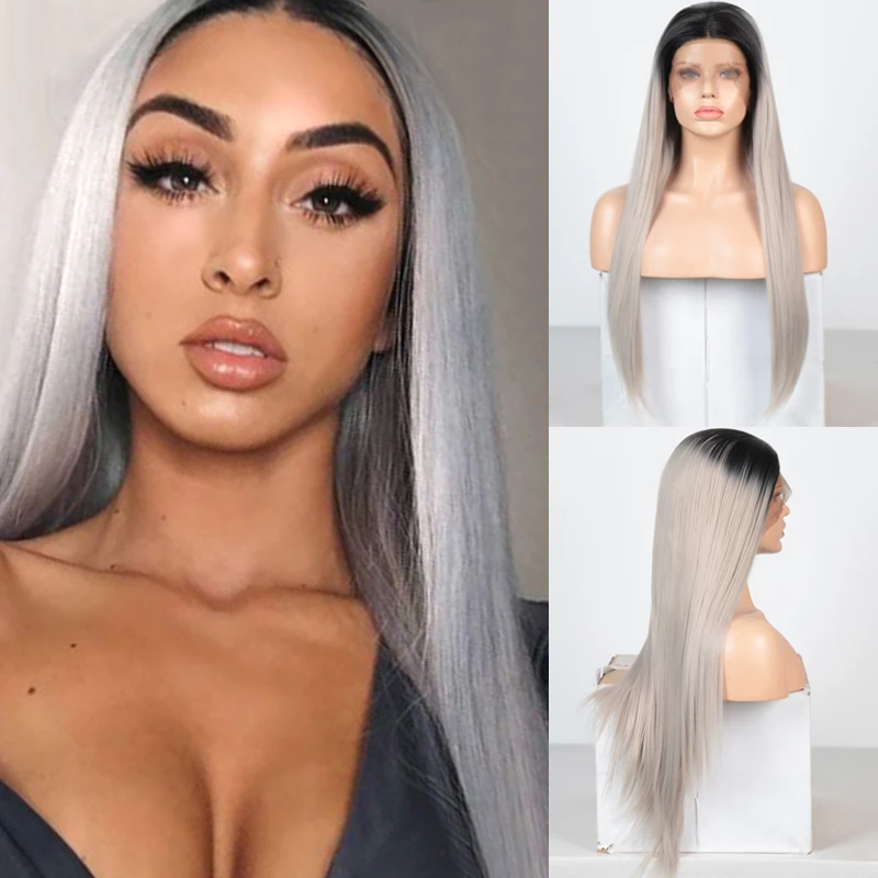 Парик из длинных прямых синтетических волос с черными корнями|Синтетические