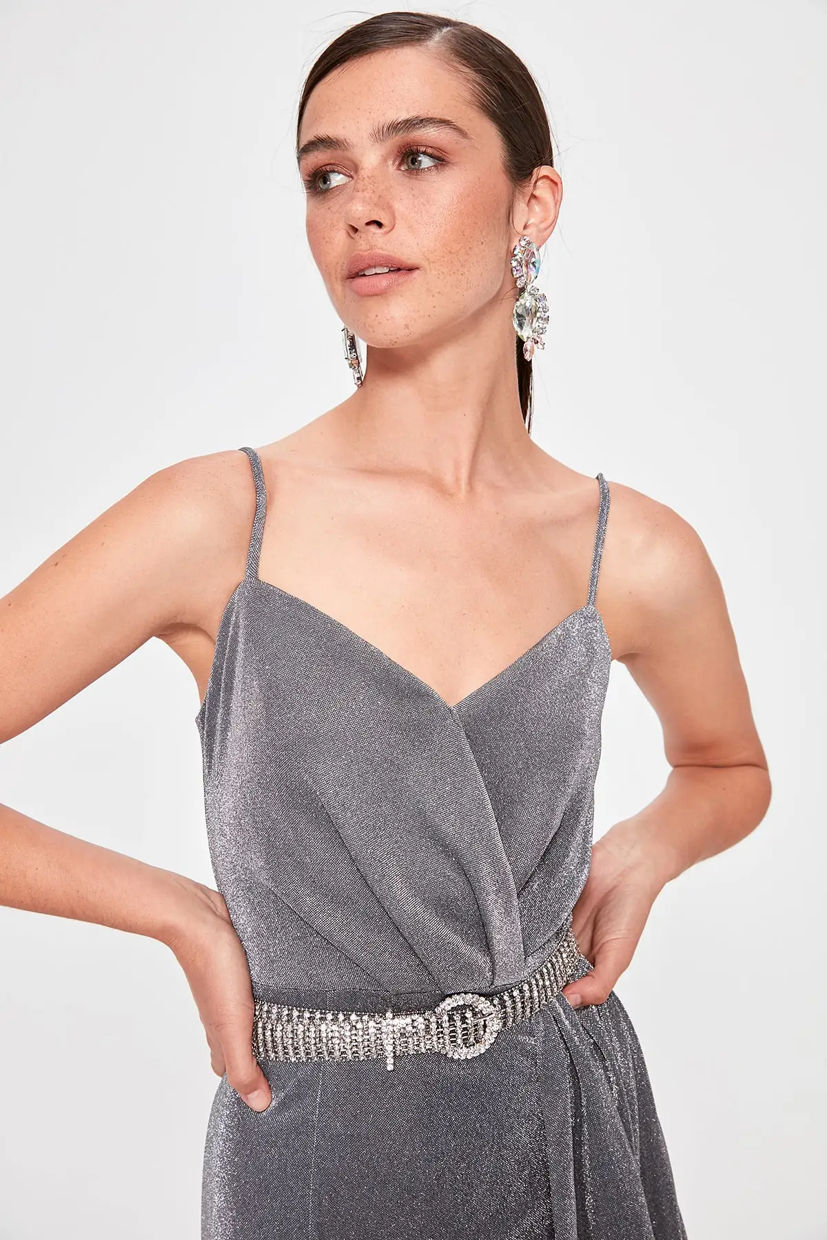 Trendyol Серебряное Вечернее платье с драпировкой TPRSS19AE0127
