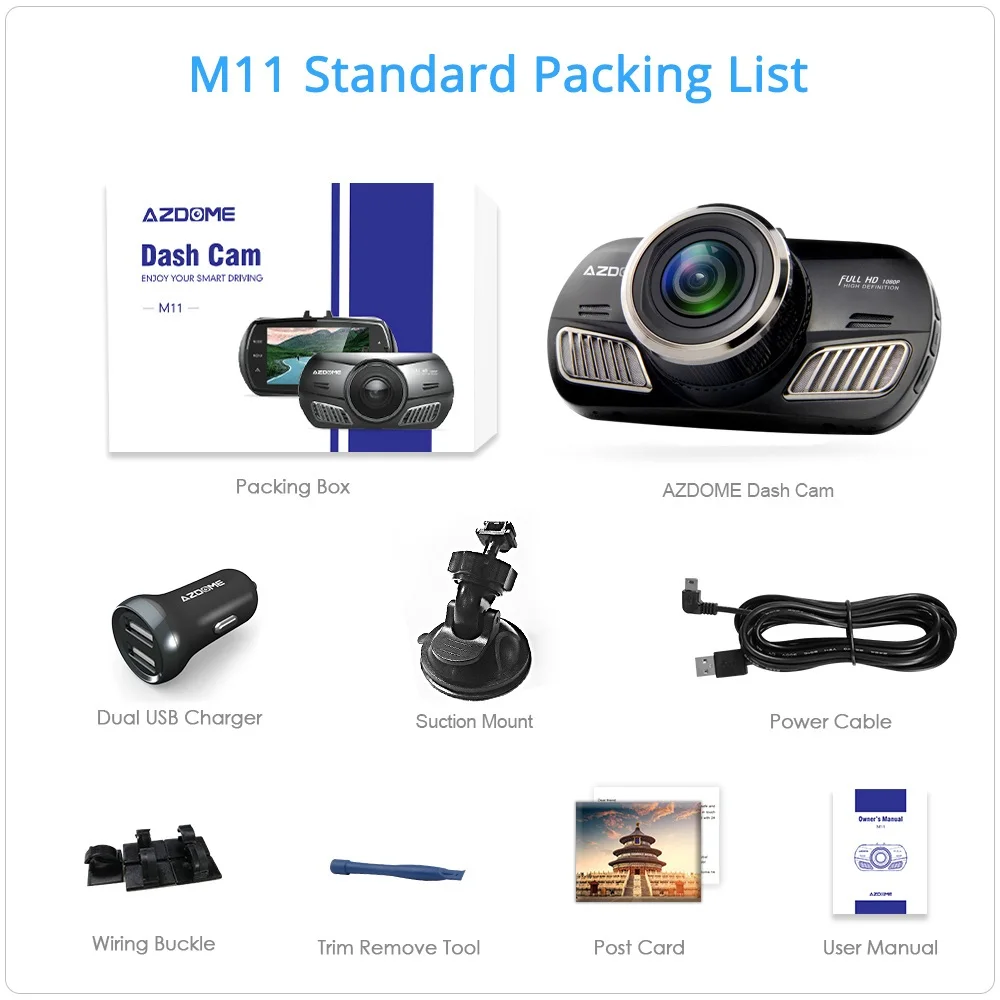 AZDOME M11 3 дюймов 2.5D ips Экран Dash Cam Видеорегистраторы для автомобилей Регистраторы HD 1080P Двойной объектив автомобиля видео камера приборной панели Ночное видение тире Камера gps