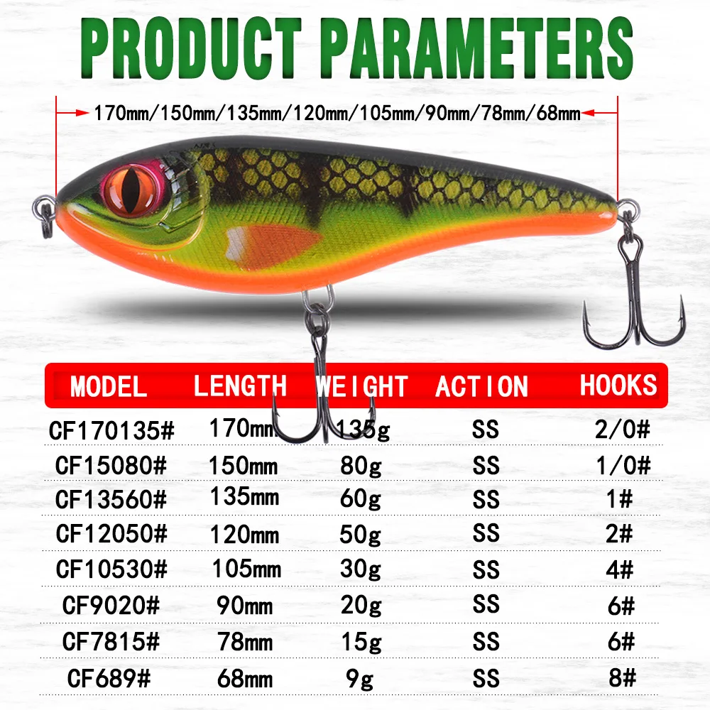 CF lure Slow Sinking Jerkbait 68mm-9g 78mm-15g 90mm-21g 105mm-30g Musky Pike Slider Bass