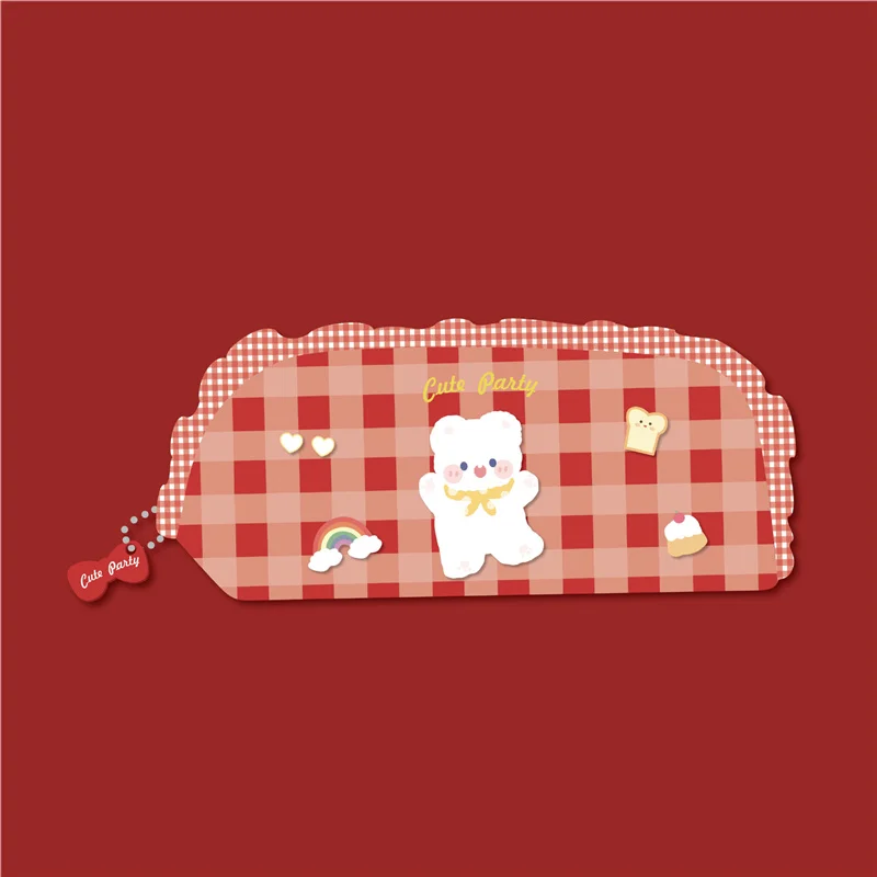 

2021 Korean Cute Cartoon Lace Chequered Bear Pencil Case Large Capacity Storage Bag INS Pen Bag Student School Stationery E85