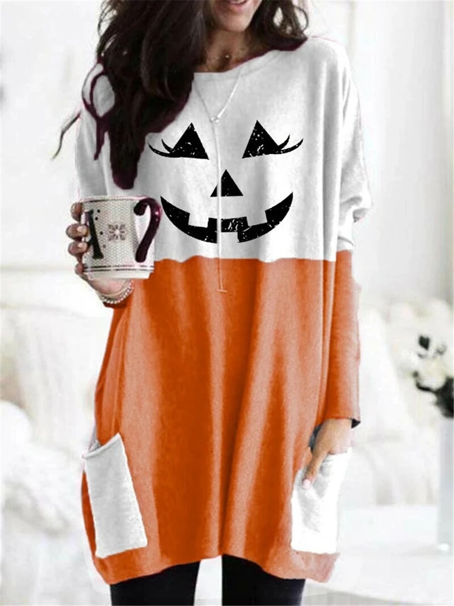 

Halloween Printed T-shirt Long Sleeve Top Loose Patchwork Long T Shirt Women O Neck Pocket Tops Tee Shirts Casual Female Top