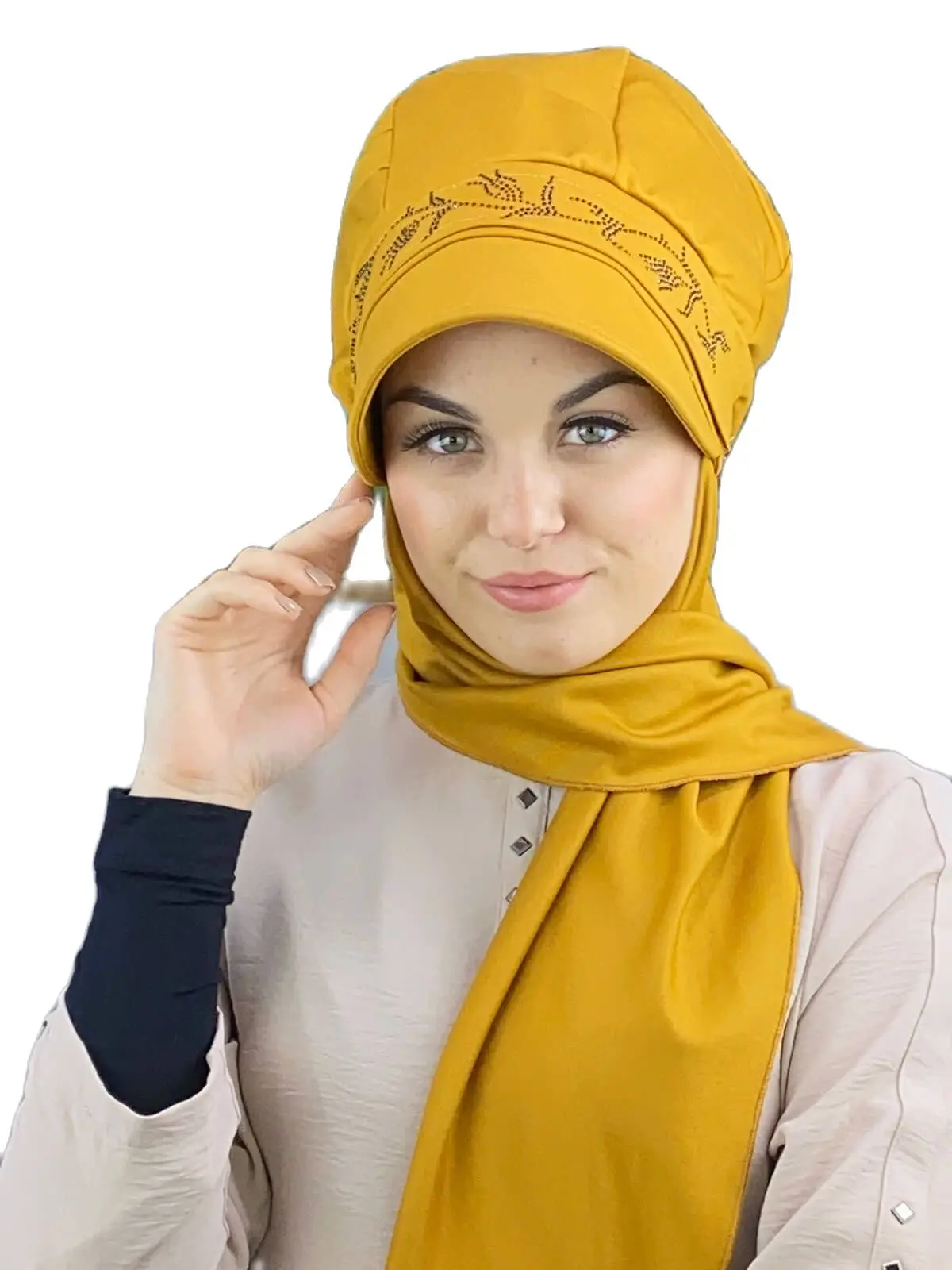 

Tulip Pattern Black Cubic Zirconia Mustard New Fashion Islamic Muslim Women Scarf 2021 Trend Hijab Which Are Immediately Ready-to-Wear Hat Beret bone