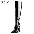 Onlymakerженские сапоги до бедра на среднем каблуке с закрытым носком на молнии; Черные классические сапоги из лакированной кожи; Большие европейские размеры 46 US15