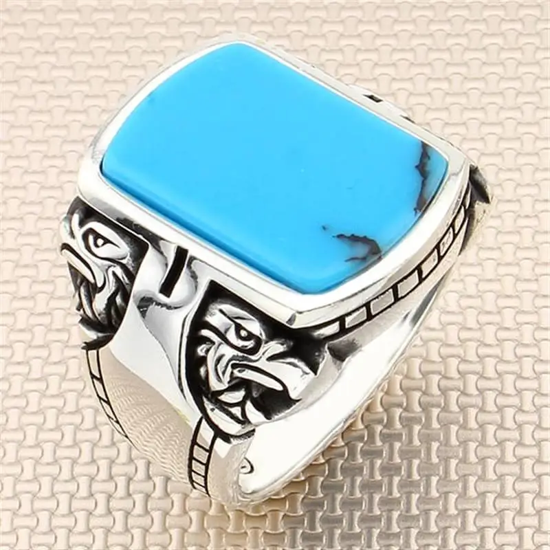 Sterling Silver Ring 925 For Men With Stone 4 Color Handmade Eagle Design Men's Rings Real Pure Silver Turkish Jewelry