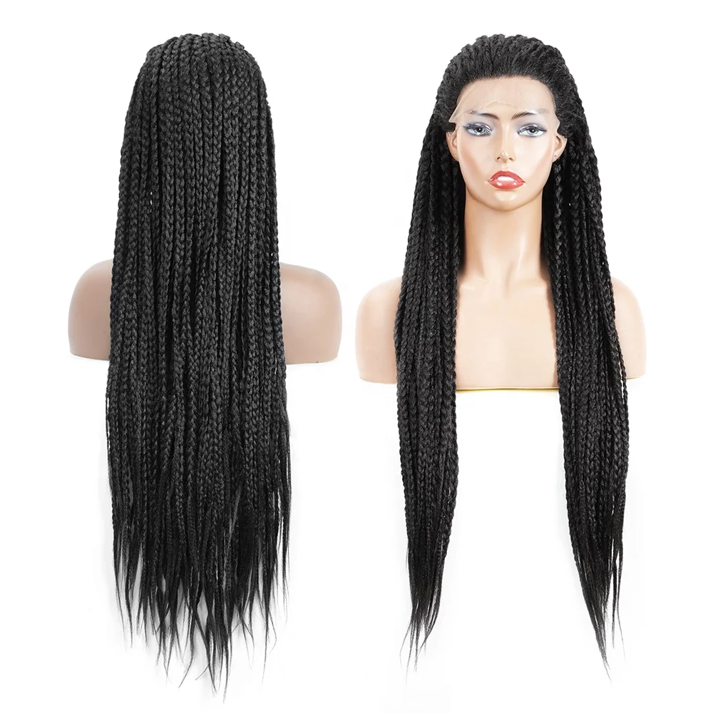 synthetic Box Braided Lace Front Wigs  Full Braid with Natural Hairline Half Hand made Synthetic Glueless Braided Wigs 1B