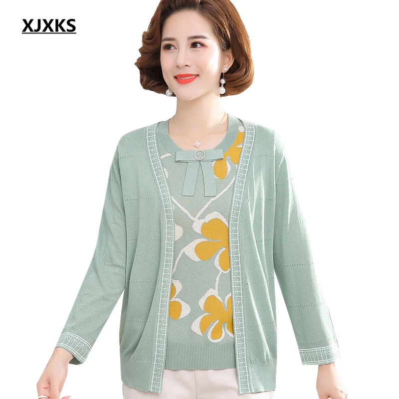 

XJXKS 2021 Fall New Women Thin Two-piece Set Comfortable Short Sleeve Top + Wool Knitted Nine-Sleeve Cardigan Sweater