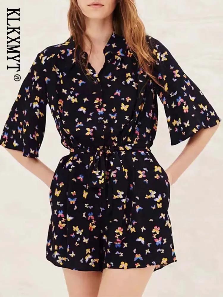 

Klkxmyt Traf Short Jumpsuit Women Summer Fashion Print Female Playsuit With Belt Elegant Woman Jumpsuits Vintage Romper