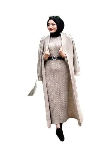 

2 Pieces Women's Knitwear Suit Islamic Hijab Dress 021 Turkey-Dubai-Arabia Ramadan Kaftan Black Long Cardigan Autumn-Winter
