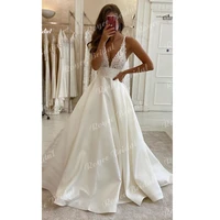 charming 2022 wedding dresses a line bridal gowns sleeveless sweep spaghetti straps v neck floor length appliques lace satin